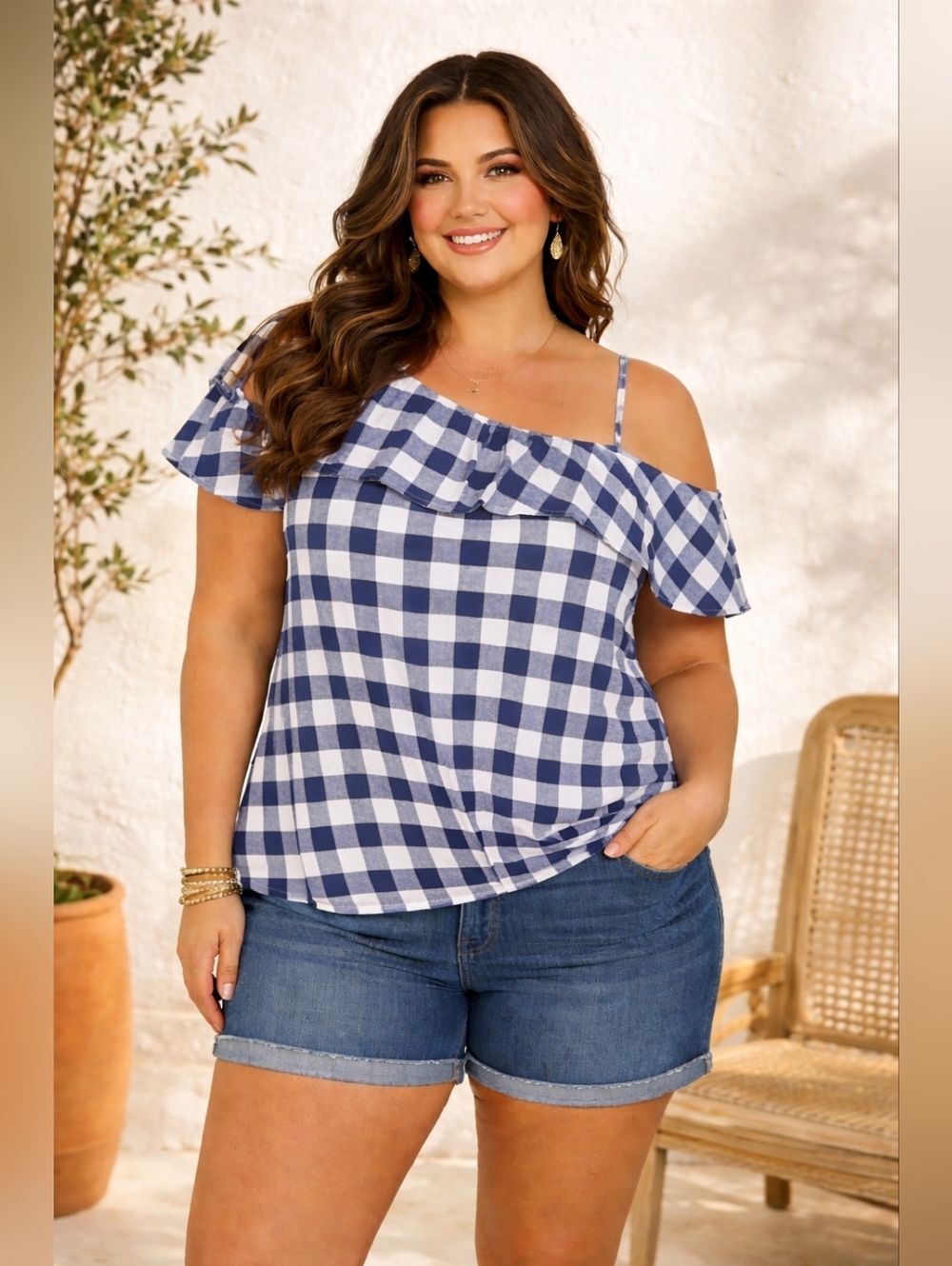 NWT! Lane Bryant Gingham Off Shoulder Blouse Blue White Ruffle Plus Size 28